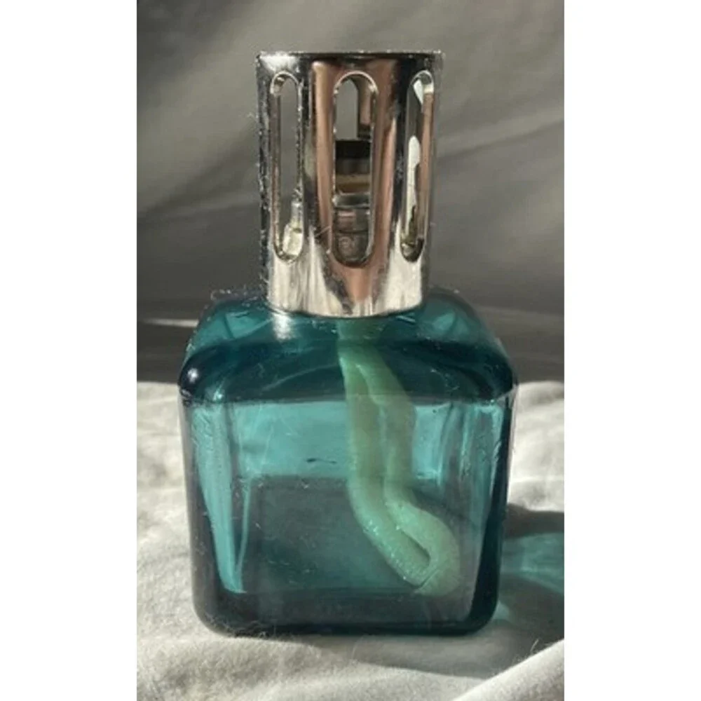 Vintage Lampe Berger Aqua Glass Rectangular Fragrance Oil Lamp Silver Top